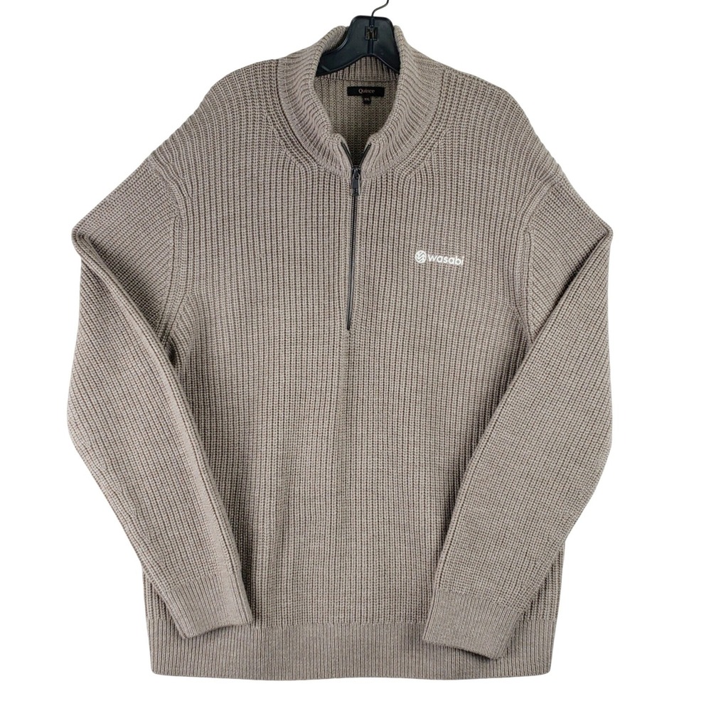 Quince Merino Wool Quarter Zip Sweater Mens XXL Taupe Shaker Stitch Wasabi Logo